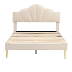 Lit rembourré 140x190 cm lit double avec sommier à lattes - tête de lit réglable - tissu en velours - beige
