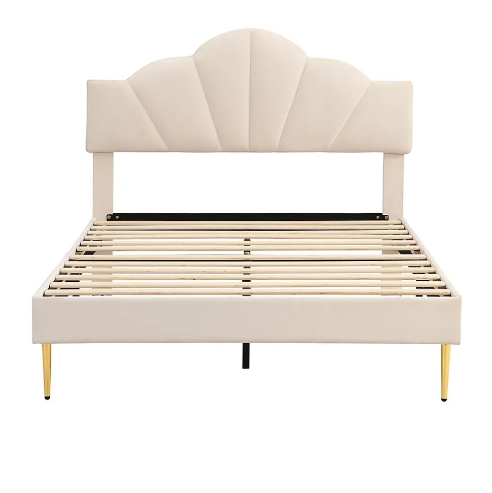 Lit rembourré 140x190 cm lit double avec sommier à lattes - tête de lit réglable - tissu en velours - beige