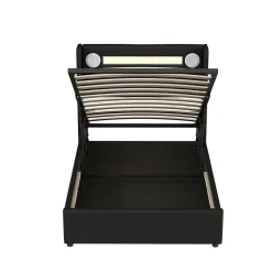 Lit rembourré 90x200 cm lit sommier à lattes lit barre lumineuse à led lecteur bluetooth et recharge usb Single cuir pu noir