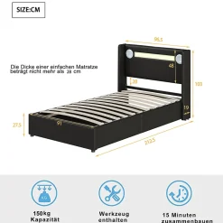 Lit rembourré 90x200 cm lit sommier à lattes lit barre lumineuse à led lecteur bluetooth et recharge usb Single cuir pu noir