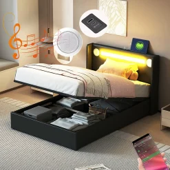 Lit rembourré 90x200 cm lit sommier à lattes lit barre lumineuse à led lecteur bluetooth et recharge usb Single cuir pu noir