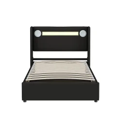 Lit rembourré 90x200 cm lit sommier à lattes lit barre lumineuse à led lecteur bluetooth et recharge usb Single cuir pu noir