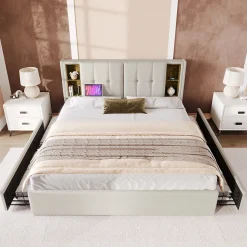 Lit rembourré 160x200 cm lit sommier à lattes en bois lit chargement sans fil usb c lit 4 tiroirs lit double velours beige