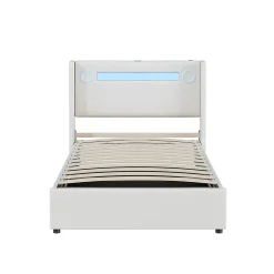 Lit rembourré 90x200 cm lit sommier à lattes lit barre lumineuse à led lecteur bluetooth et recharge usb Single cuir pu blanc