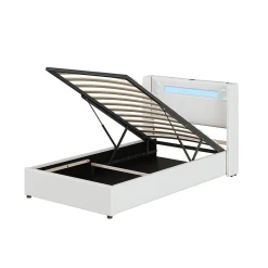 Lit rembourré 90x200 cm lit sommier à lattes lit barre lumineuse à led lecteur bluetooth et recharge usb Single cuir pu blanc