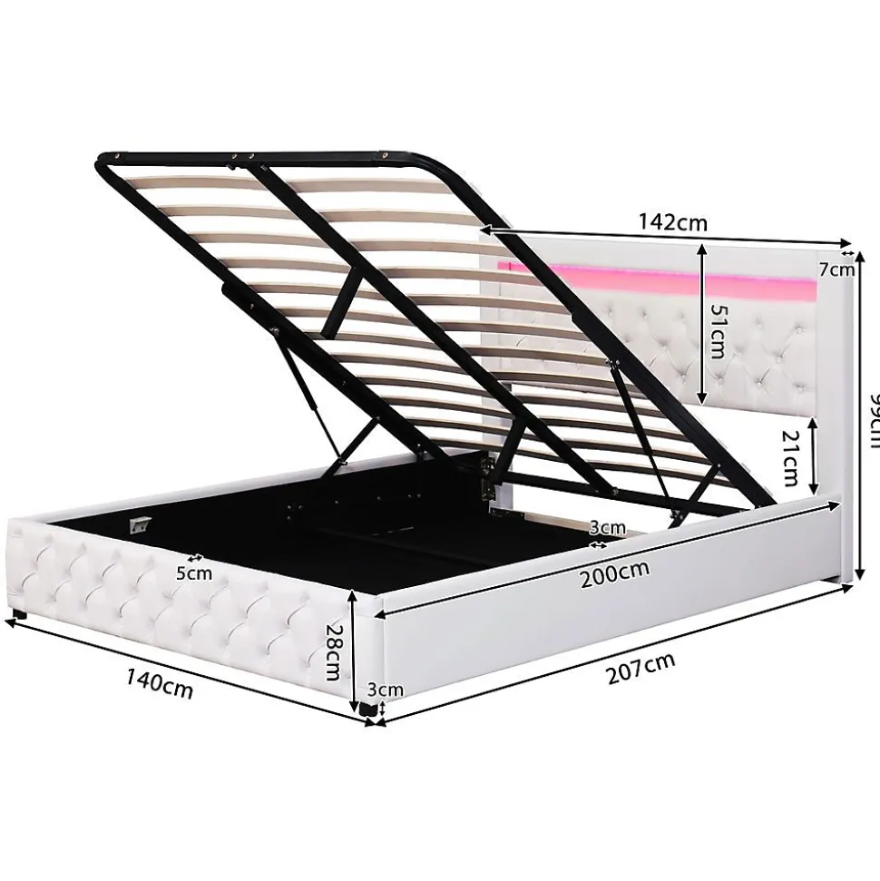 Lit Rembourré 140X200 Cm Sommier Rangement LED Blanc PU Blackcolors