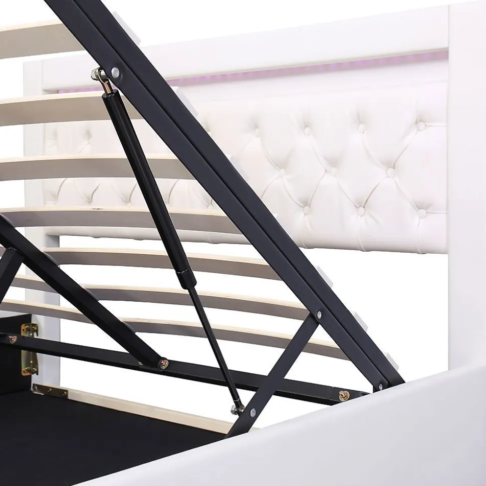 Lit Rembourré 140X200 Cm Sommier Rangement LED Blanc PU Blackcolors