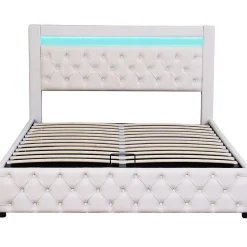 Lit Rembourré 140X200 Cm Sommier Rangement LED Blanc PU Blackcolors