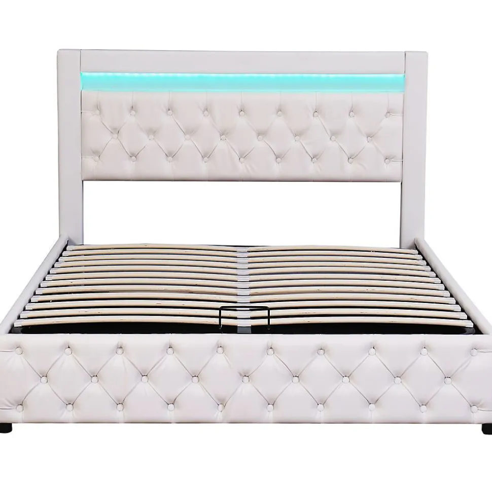 Lit Rembourré 140X200 Cm Sommier Rangement LED Blanc PU Blackcolors