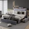Lit rembourré 140x200 cm, table de nuit avec port de chargement USB et étagère, lit double plat avec 4 tiroirs, gris