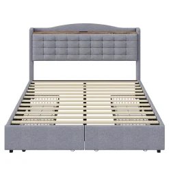 Lit rembourré 140x200 cm, table de nuit avec port de chargement USB et étagère, lit double plat avec 4 tiroirs, gris