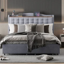 Lit rembourré 140x200 cm, table de nuit avec port de chargement USB et étagère, lit double plat avec 4 tiroirs, gris