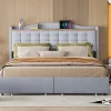 Lit rembourré 160x200 cm, table de nuit avec port de chargement USB et étagère, lit double plat avec 4 tiroirs, gris