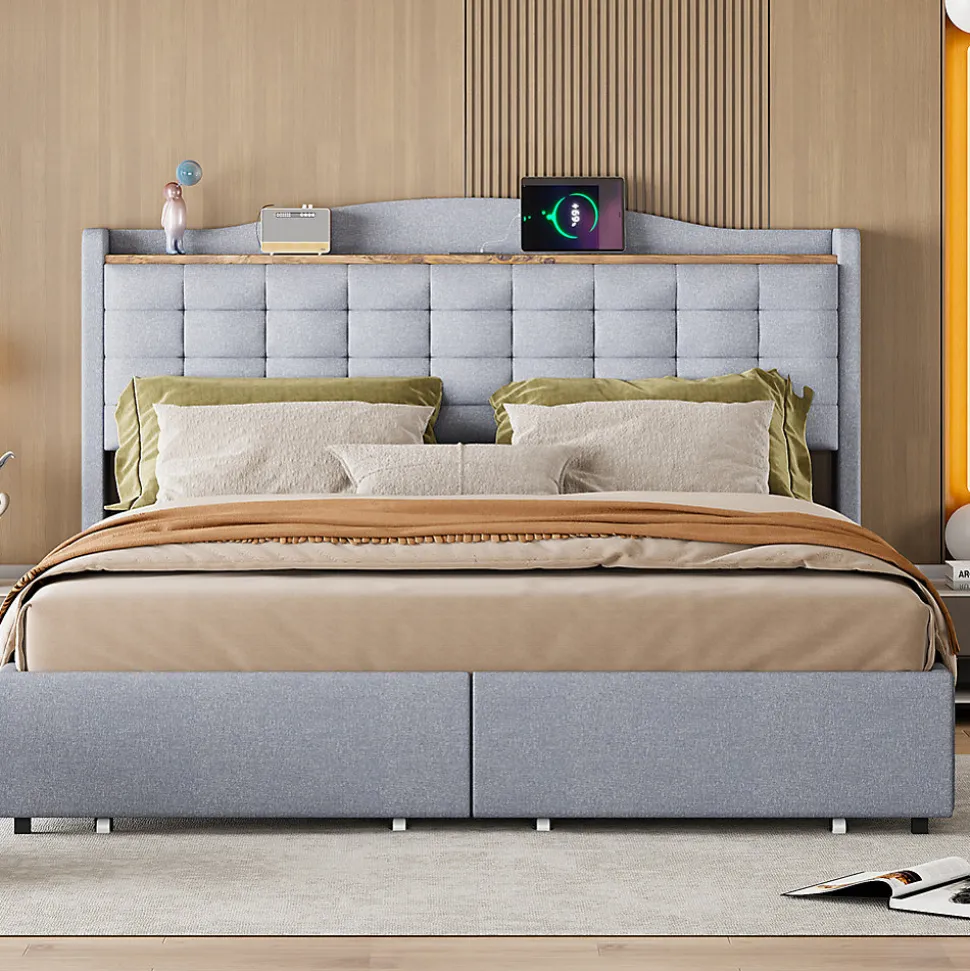 Lit rembourré 160x200 cm, table de nuit avec port de chargement USB et étagère, lit double plat avec 4 tiroirs, gris