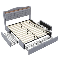 Lit rembourré 160x200 cm, table de nuit avec port de chargement USB et étagère, lit double plat avec 4 tiroirs, gris