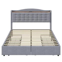 Lit rembourré 160x200 cm, table de nuit avec port de chargement USB et étagère, lit double plat avec 4 tiroirs, gris