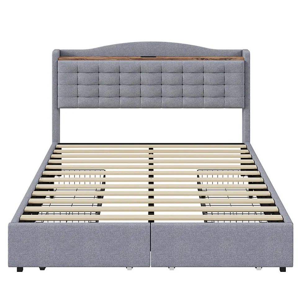 Lit rembourré 160x200 cm, table de nuit avec port de chargement USB et étagère, lit double plat avec 4 tiroirs, gris