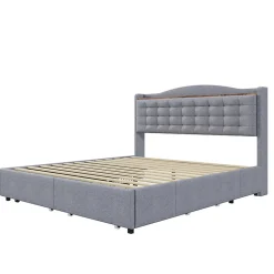 Lit rembourré 160x200 cm, table de nuit avec port de chargement USB et étagère, lit double plat avec 4 tiroirs, gris