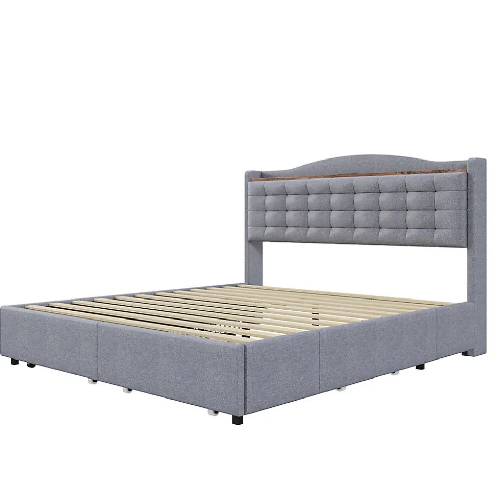 Lit rembourré 160x200 cm, table de nuit avec port de chargement USB et étagère, lit double plat avec 4 tiroirs, gris