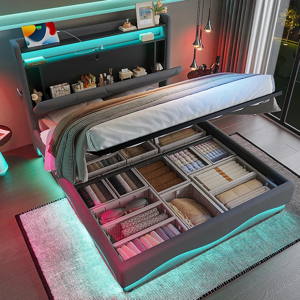 Lit rembourré 160x200 cm, tête LED, rangement, sommiers gaz, USB, poches latérales