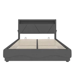 Lit rembourré 160x200 cm, tête LED, rangement, sommiers gaz, USB, poches latérales