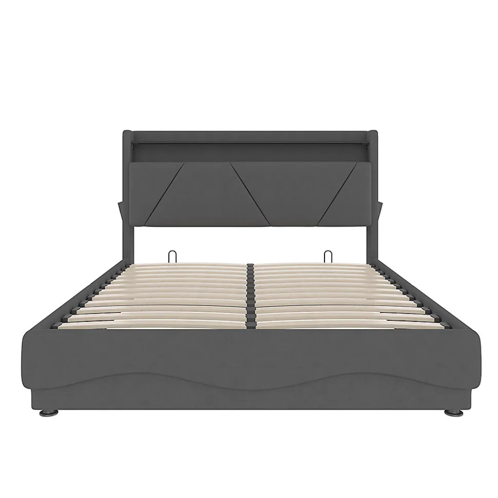 Lit rembourré 160x200 cm, tête LED, rangement, sommiers gaz, USB, poches latérales