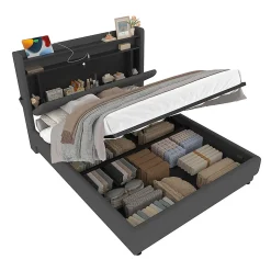 Lit rembourré 160x200 cm, tête LED, rangement, sommiers gaz, USB, poches latérales