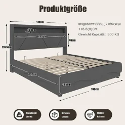 Lit rembourré 160x200 cm, tête LED, rangement, sommiers gaz, USB, poches latérales