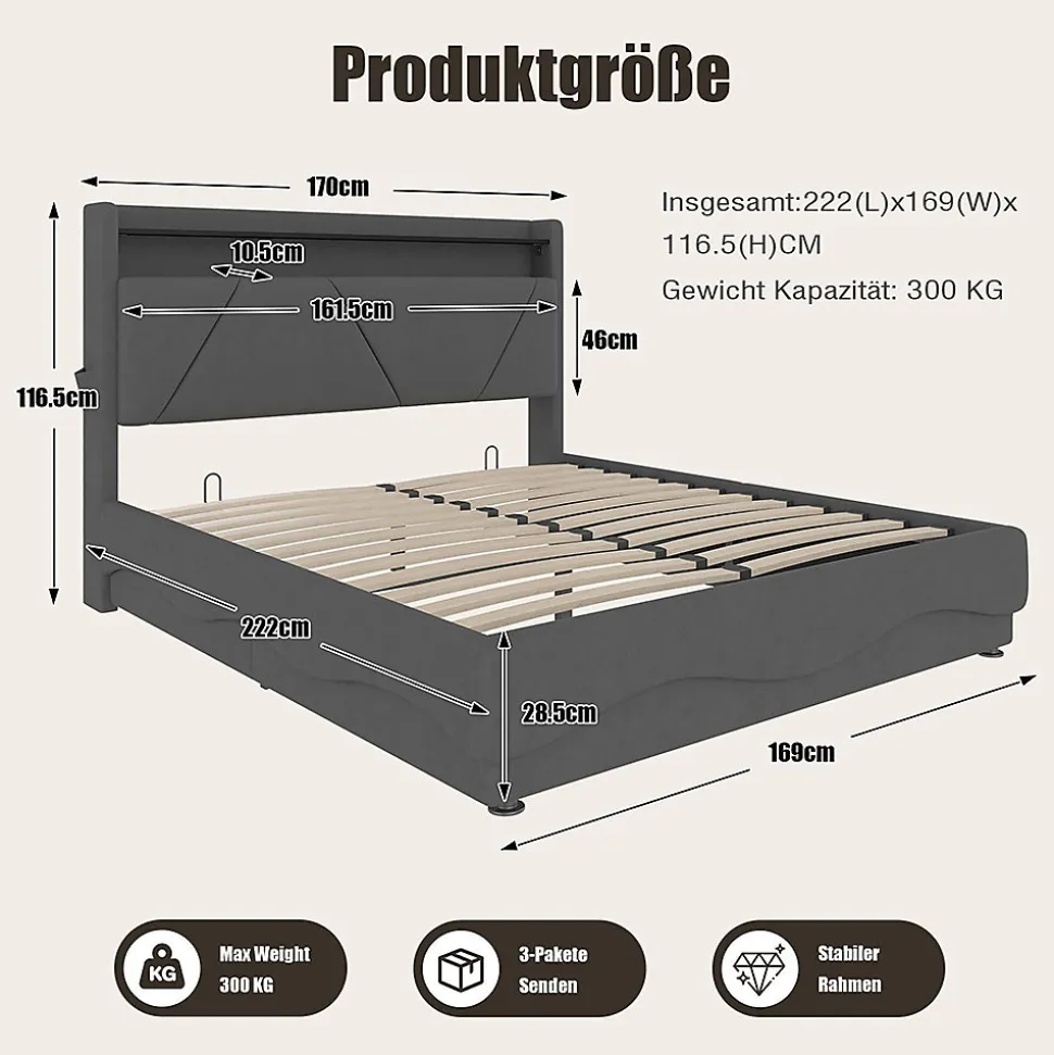 Lit rembourré 160x200 cm, tête LED, rangement, sommiers gaz, USB, poches latérales