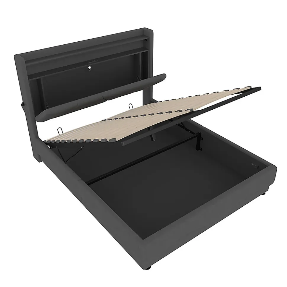 Lit rembourré 160x200 cm, tête LED, rangement, sommiers gaz, USB, poches latérales