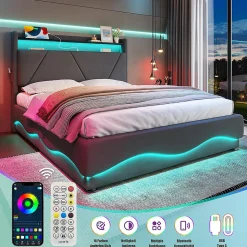 Lit rembourré 160x200 cm, tête LED, rangement, sommiers gaz, USB, poches latérales