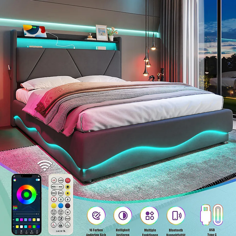 Lit rembourré 160x200 cm, tête LED, rangement, sommiers gaz, USB, poches latérales