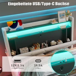 Lit rembourré 160x200 cm, tête LED, surfaces rangement, sommiers gaz, USB, poches