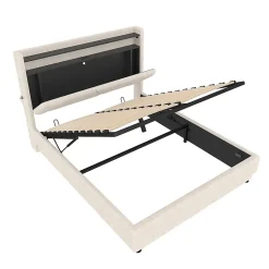 Lit rembourré 160x200 cm, tête LED, surfaces rangement, sommiers gaz, USB, poches
