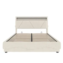 Lit rembourré 160x200 cm, tête LED, surfaces rangement, sommiers gaz, USB, poches