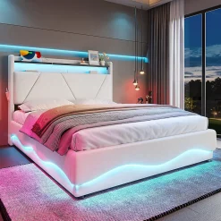 Lit rembourré 160x200 cm, tête LED, surfaces rangement, sommiers gaz, USB, poches