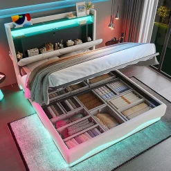 Lit rembourré 160x200 cm, tête LED, surfaces rangement, sommiers gaz, USB, poches