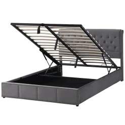 Lit rembourré 160x200 cm,Cadre de lit avec Rangement,Lit Double ornementation de Rivets,Gris