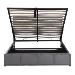 Lit rembourré 160x200 cm,Cadre de lit avec Rangement,Lit Double ornementation de Rivets,Gris