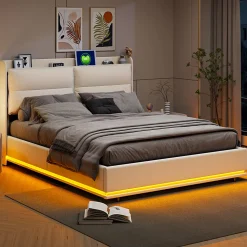 Lit rembourré 140x200cm avec chargement sans fil (USB & Type-c), lit double avec LED, velours, beige