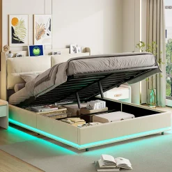 Lit rembourré 160x200cm avec chargement sans fil (USB & Type-c), lit double avec LED, velours, beige