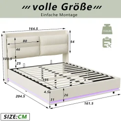 Lit rembourré 160x200cm avec chargement sans fil (USB & Type-c), lit double avec LED, velours, beige