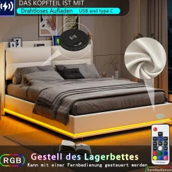 Lit rembourré 160x200cm avec chargement sans fil (USB & Type-c), lit double avec LED, velours, beige