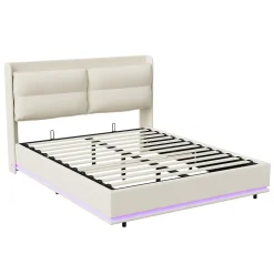 Lit rembourré 160x200cm avec chargement sans fil (USB & Type-c), lit double avec LED, velours, beige