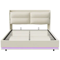 Lit rembourré 160x200cm avec chargement sans fil (USB & Type-c), lit double avec LED, velours, beige