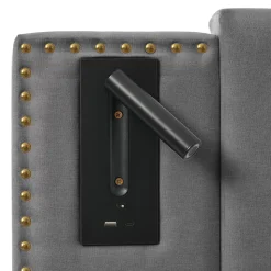 Lit rembourré 160x200cm, avec espace de rangement, lampe de lecture, design à rivets, sommier à lattes, coton, gris, sans matelas