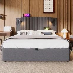 Lit rembourré 160x200cm, avec espace de rangement, lampe de lecture, design à rivets, sommier à lattes, coton, gris, sans matelas