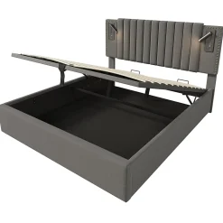 Lit rembourré 160x200cm, avec espace de rangement, lampe de lecture, design à rivets, sommier à lattes, coton, gris, sans matelas