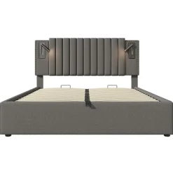 Lit rembourré 160x200cm, avec espace de rangement, lampe de lecture, design à rivets, sommier à lattes, coton, gris, sans matelas