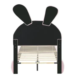 Lit rembourré 90x200cm avec oreilles de lapin, LED chaude réglable, 2 poufs de rangement, velours rose